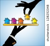 Illustration concept of Buying Home or Buying House - Customer Selecting a bright colored House of his/her choice from a set of different houses offered to him by the real estate agent - stock vector