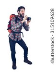 Small photo of Excited photographer talking picture through camera