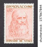 MONACO - CIRCA 1969: a postage stamp printed in Monaco showing an image of a Leonardo Da Vinci self portrait, circa 1969. - stock photo