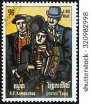 Small photo of KAMPUCHEA - CIRCA 1985: A stamp printed in Kampuchea from the "International Music Year " issue shows Three Musicians by Fernand Leger, circa 1985.