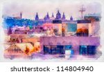 Digital structure of painting. Look with top on the city of Barcelona - stock photo