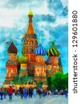 Digital structure of painting. St. Basil's Cathedral - stock photo