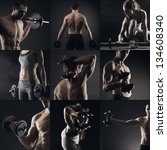 Collage of different bodybuilders images - stock photo