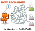 Vector maze game: funny robot need recharge his battery. Help for him understand where is available cable. - stock vector