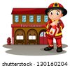 Illustration of a fireman in front of a fire station holding a fire extinguisher on a white background - stock vector
