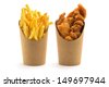 fries and nuggets in paper boxes on white background - stock photo