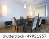 Massive Retro Dining Table With Six White Wooden Chairs Stock Photo