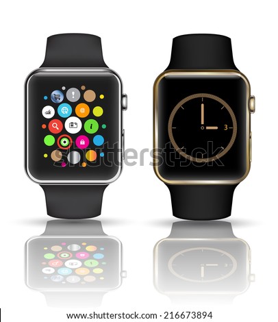 Smart watch isolated with icons on white background. Vector illustration.
