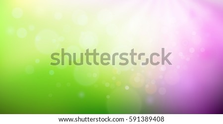 Green and purple gradient backdrop with bokeh effect. Abstract spring blurred background. Floral concept for your graphic design, banner or poster. Vector illustration.