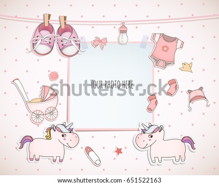 Baby girl shower card. Arrival card with place for your photo.