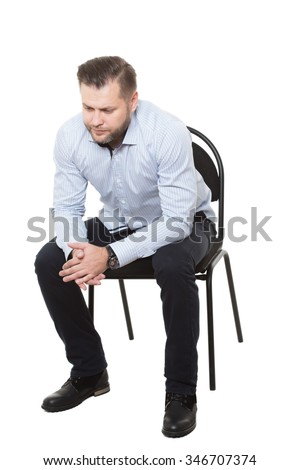 man sitting on chair. Isolated white background. Body language. gesture ...