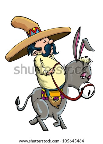 cartoon mexican wearing a sombrero riding a donkey isolated