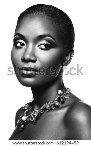Black and white portrait of handsome ethnic african girl isolated on white background Black and white portrait of handsome ethnic african girl isolated on white background