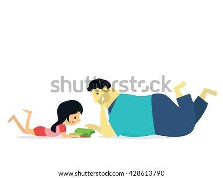 I love my big daddy. Vector illustration of daughter lying on ground learning and reading book with big daddy, family concept of happy father day.