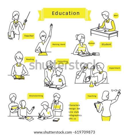 Character design set, line icons, drawing, sketching, education concept, students and teachers, man, woman, friends, various activities. Infographics vector illustration, simple and minimal style.