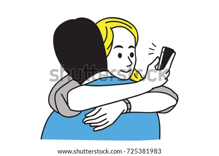 Woman cheating her boyfriend by using, texting, checking, and looking smartphone at behind while embracing boyfriend. Outline, linear, thin line art design. 