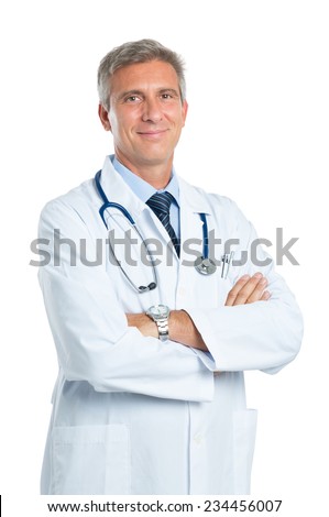 Portrait Of A Confident Mature Doctor Looking At Camera Isolated On White Background