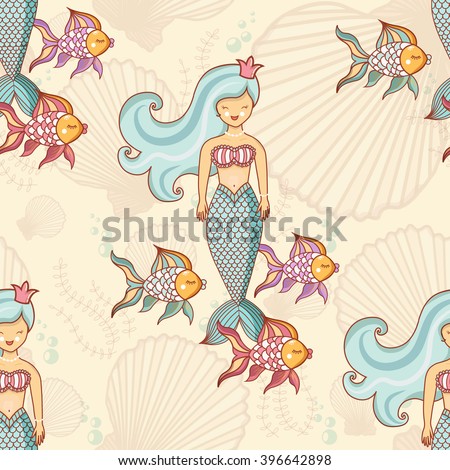 Marine seamless pattern with fish and mermaids