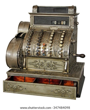 Old vintage cash register isolated on white background with Clipping Path