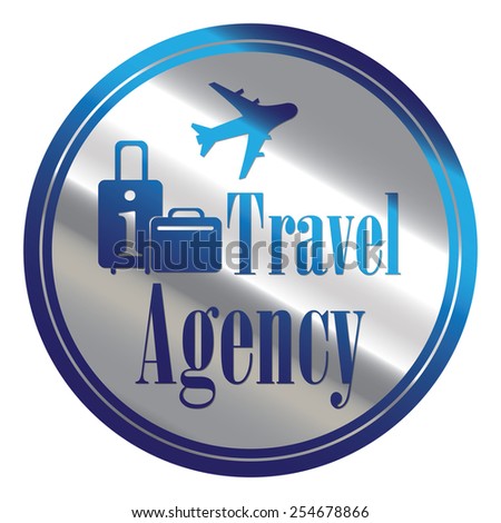 Blue And Silver Circle Metallic Travel Agency Icon Label Button Or Sticker Isolated On Blue And Silver Circle Metallic Travel Agency Icon Label Button Or Sticker Isolated On