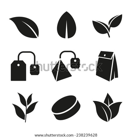 Tea Leaf and Bags Icons Set on White Background. Vector