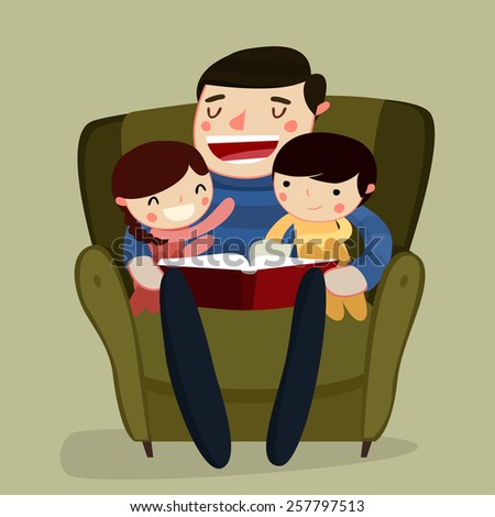 father and kids reading. family reading. cartoon characters. vector illustration