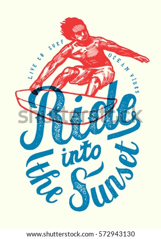 ride into the sunset realistic vintage surfer red and blue print
