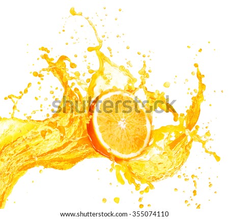 Orange juice splashing with its fruits isolated on white background