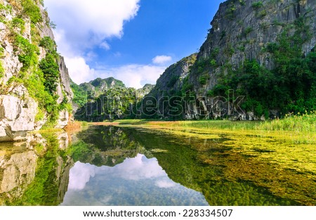 Landscape in Van Long natural reserve in Ninh Binh, Vietnam. Vietnam landscapes.