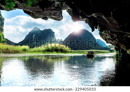 Landscape in Van Long natural reserve in Ninh Binh, Vietnam