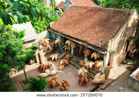 Weaving bamboo fish trap in HungYen, Vietnam. Weaving this tools that used to catch fish is traditional occupation in Hung Yen province.