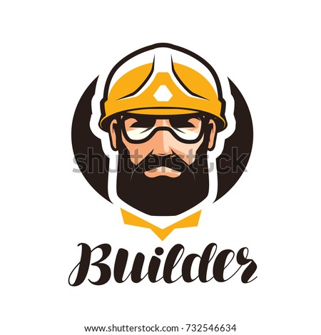 Builder, constructor logo. Industry, support, service, repair, overhaul icon or symbol. Portrait of worker in helmet