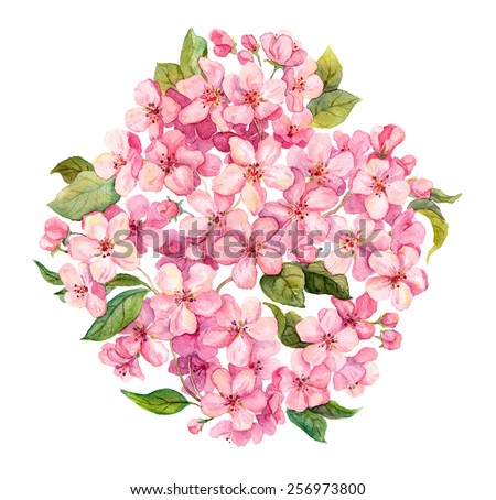 Pink spring flowers - sakura, apple flowers blossom. Watercolor