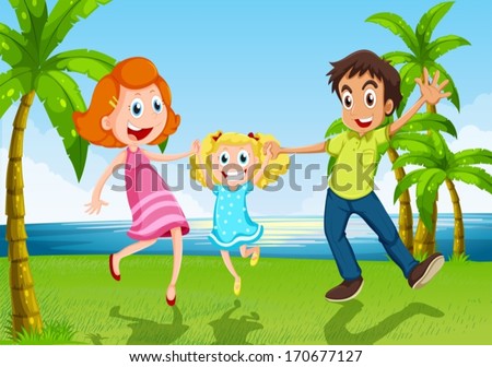 Illustration of a happy family dancing near the river