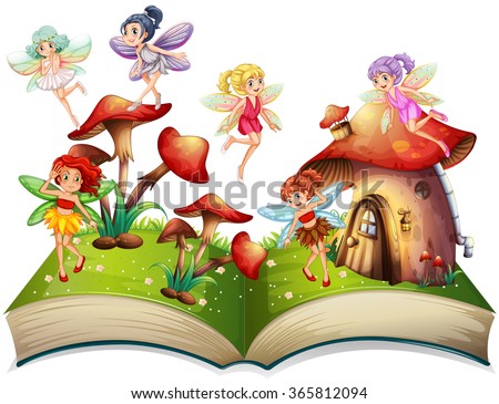 stock vector fairies flying around the mushroom house illustration 365812094