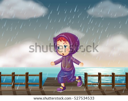 Girl running in rain at the pier illustration