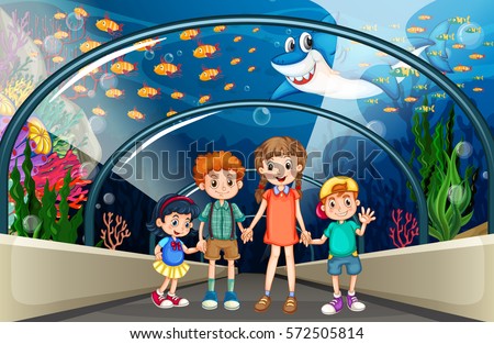 Children visiting aquarium full of fish illustration