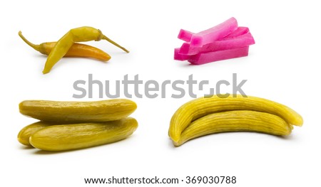 Marinated Pickled Cucumbers , Pickled Turnips, Wild Cucumber pickles, Hot pepper, Isolated on white background 