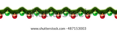 Vintage 3D abstract vector christmas decoration isolated on white background. Red and green xmas holiday ornaments and green tinsel isolated on white. Winter holiday repeating border, seamless pattern