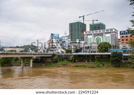 LAO CAI, VIETNAM - SEP 21, 2014: Chinese side of the International board point Lao Cai (VIetnam) - Ha Khau (China), one of the China - Vietnam International boarders