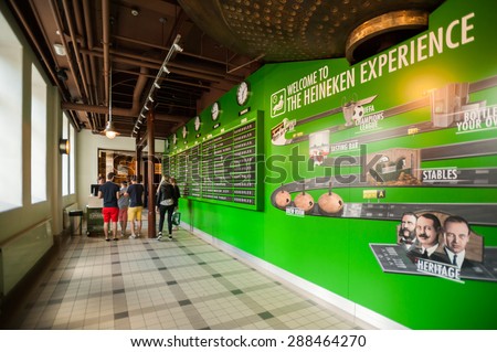 AMSTERDAM, NETHERLANDS - JUN 3, 2015: Heineken Experience center, a historic brewery for the Dutch Heineken beer. Gerard Adriaan Heineken was a founder of the Heineken beer