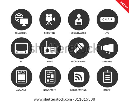 Media equipment vector icons set. Mass media concept. Broadcasting items, television, broadcaster, on air sign, radio, speaker, magazine and newspaper. Isolated on white background