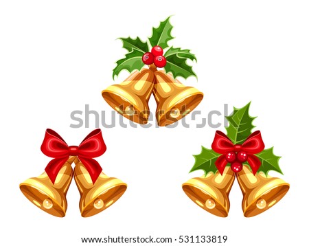 set of vector gold christmas bells with bows and holly isolated on a white background - Christmas Bell set of vector gold christmas bells with bows and holly isolated on a white background - Christmas Bell
