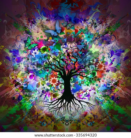 Abstract Multicolored Tree With Roots And Butterflies Abstract Multicolored Tree With Roots And Butterflies