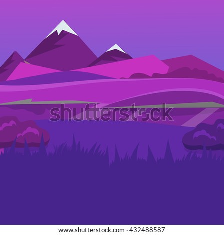 cartoon desert landscape, vector background with desert, herbs, mountains and sky