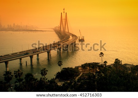 The Bandra-Worli Sea Link, also called Rajiv Gandhi Sea Link at dusk. It is a cable-stayed vehicular bridge that links Bandra in the northern suburb of Mumbai with Worli in South Mumbai.
