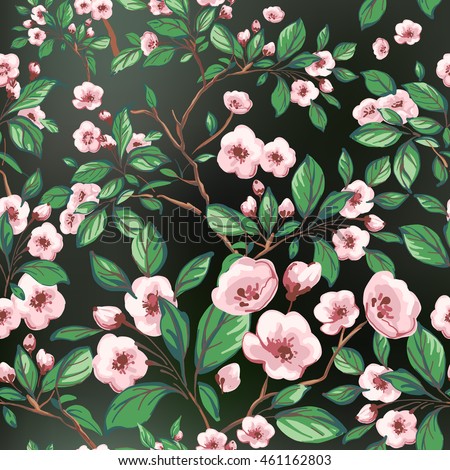 Seamless pattern of pink flowers and green leaves on a black background.
