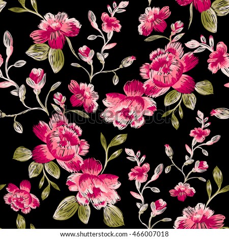 Seamless pattern of peonies on a black background. Imitation embroidery.