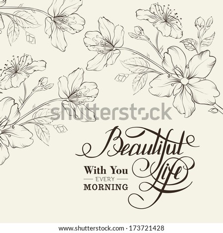 Calligraphy cherry blossom. Beautiful life. Vector illustration.