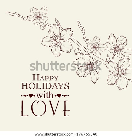 Vintage cherry blossom on branch. Vector illustration.